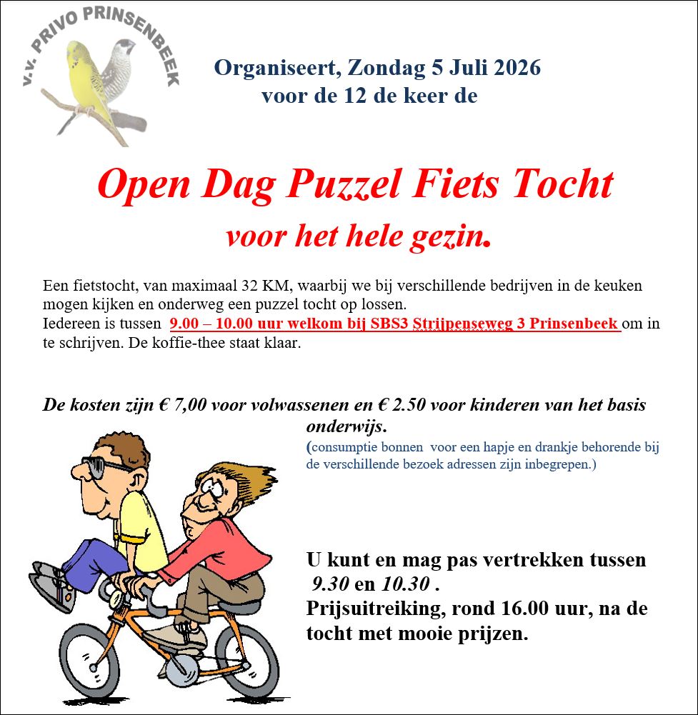 Fiets puzzel tocht 2026 vogelvereniging Privo prinsenbeek